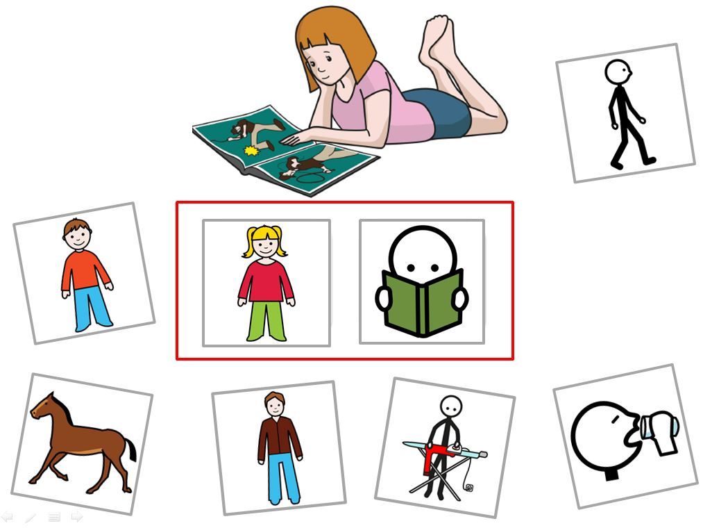 dibujo de niña leyendo y alrededor varios pictogramas de personas alrededor