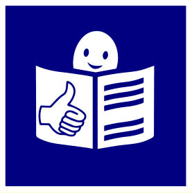 Logo de lectura fácil, color azul con marco blanco y en su centro hay un libro en lienas blancas con la imagen de una cara y una mano pulgar para arria